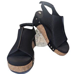 Black Cork Wedge Sandals SZ 38 (Fits 7.5–8) Adjustable Slingback Peep Toe  NWOT